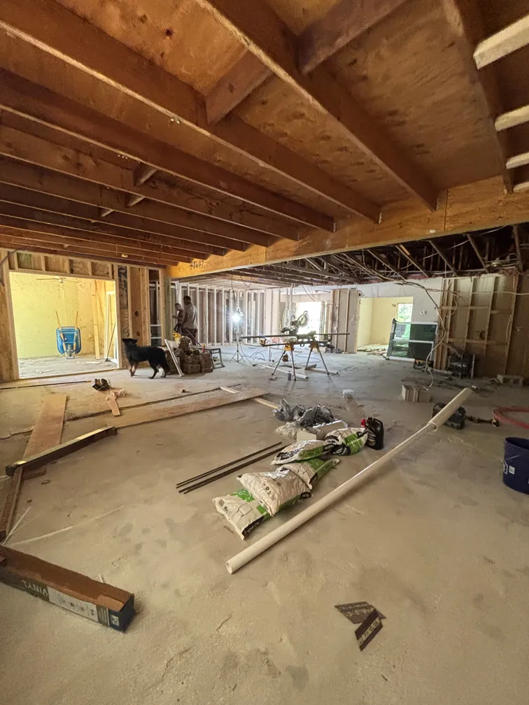 Framing structure with exposed ceiling during full renovation in North Tampa
