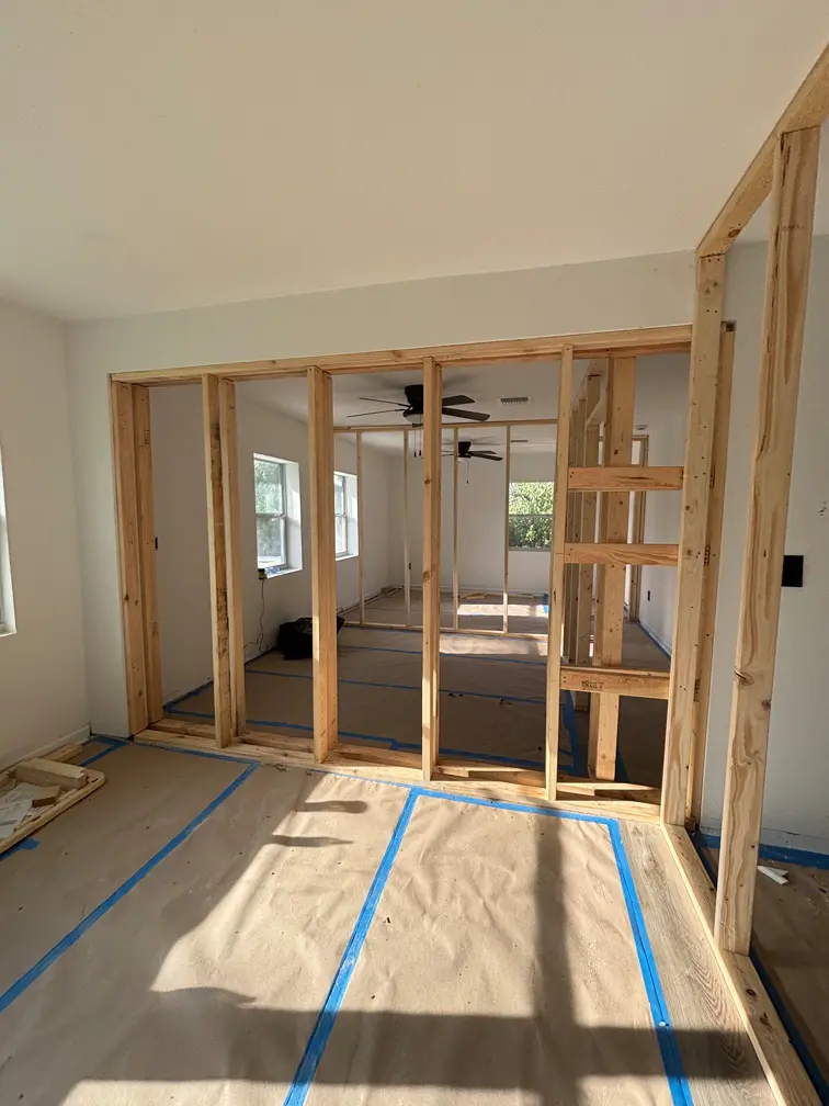 Wood framing for new interior room division in Oviedo Florida remodel